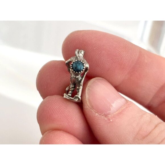 Turquoise Accented Antiqued Sterling Silver Skiier Vintage Pendant | Charm - Picture 9 of 14